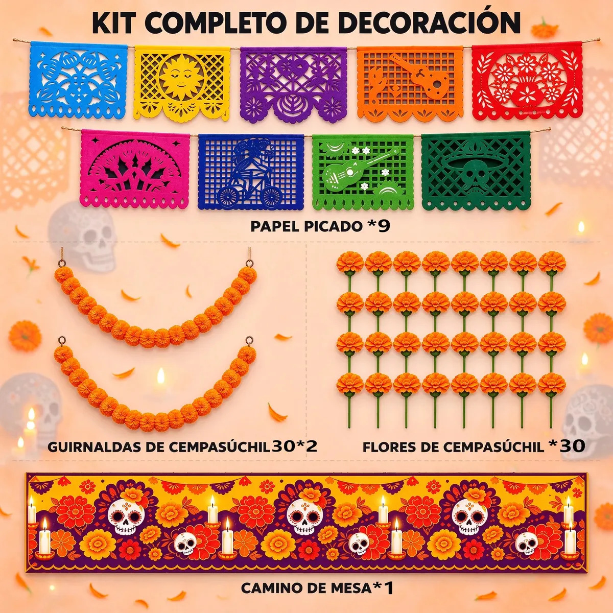 Pancarta y Mantel Día de Muertos Cempasúchil Decoración Mexicana para Altar, Fiesta y Halloween