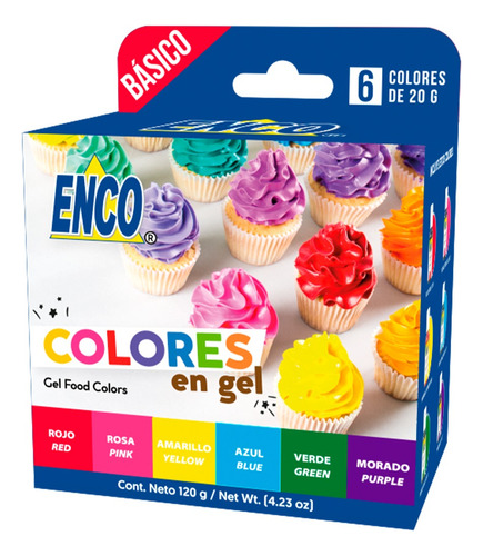 Kit 6 Colores Gel Basicos Comestibles Enco 20 G
