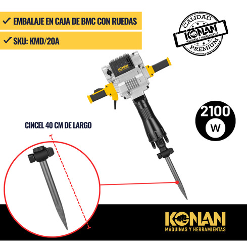 Martillo Demoledor Pavimento Eléctrico Negro 85 Joules 2100w Konan KMD/20A Uso Industrial Maletin Cincel Punta