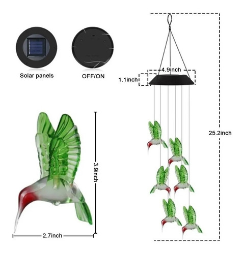 Imagen 6 de 10 de Lampara Colibri Colgante Led Solar Jardin Terraza