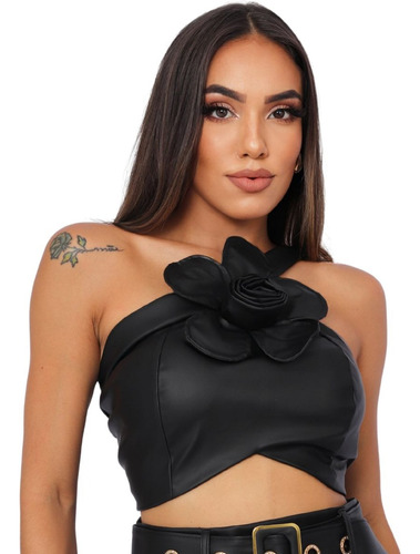 Blusa Cropped Flor Com Amarraçao Couro Ecologico Festa Luxo 