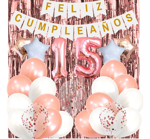 Combo Kit Globos Banderín Cortina 30 Artículos Gold Rose Y Blanco Deco Fiesta