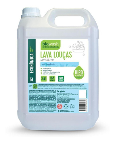 Detergente Lava Louças Sensitive Biodegradável Biowash 5l