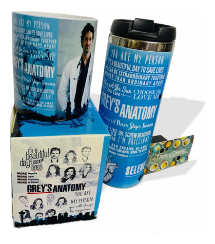 Termo + Taza Greys Anatomy Personalizado Color Azul Claro