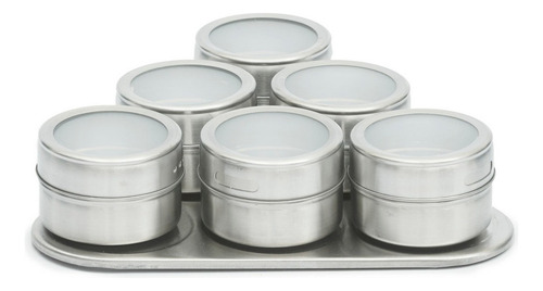 Porta Condimento Tempero 6 Potes Magnéticos Aço Inox Imã Cor Prateado