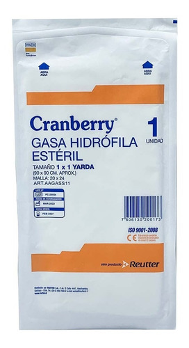 Gasa Hidrofila Esteril 1x1 Yarda Cranberry Pack 12 Unds..
