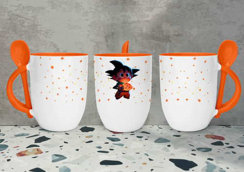 Taza Con Cuchara Dragonball Z Varios Diseños Naranja Goku Chibi