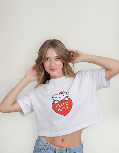 Remera Crop Top Boxy Hello Kitty Mujer Algodón Myg