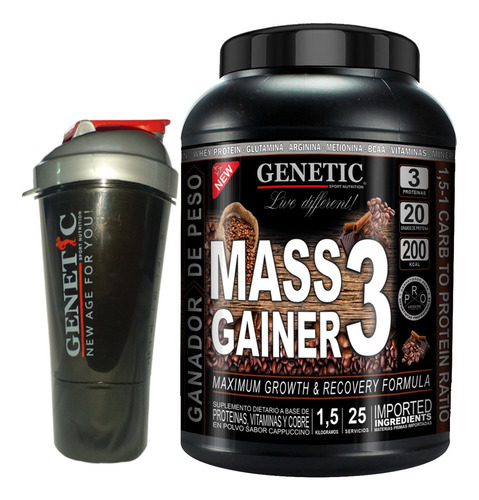 Súper Crecimiento Muscular Mass Gainer Vaso Polvera Genetic Sabor Cappuccino