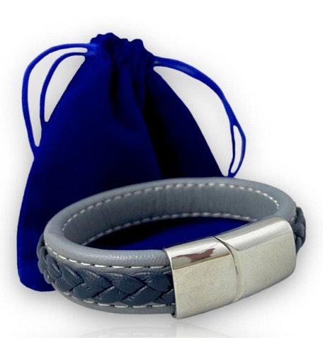 Pulsera Caballero Piel Autentica Gris Y Azul + Bolsa Regalo