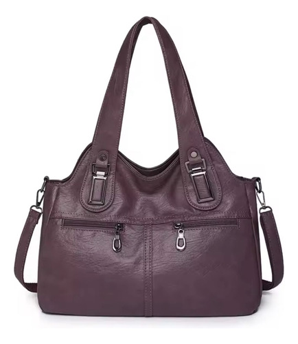 Cartera Bolso De Mujer Grande Estilo Básico De Eco Cuero Violeta Liso Cromado Violeta