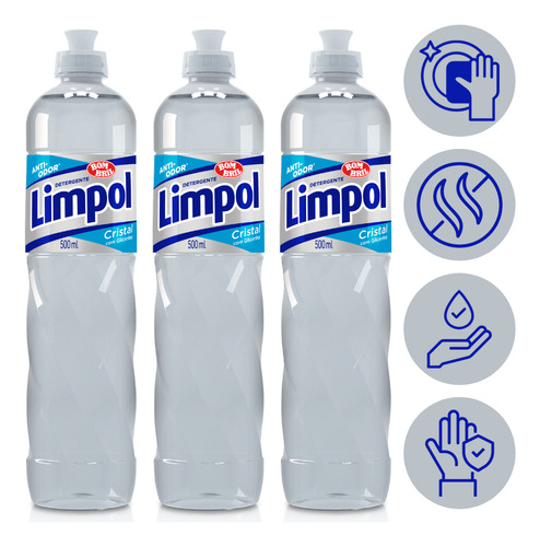 Kit 3 Detergente Liquido Cristal Limpol Bombril 500ml