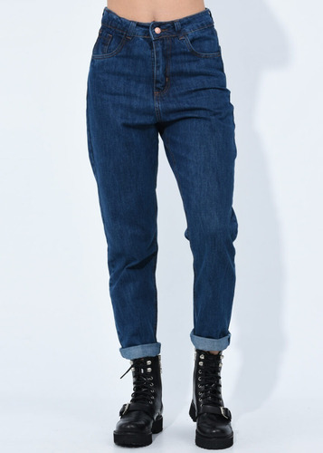 Jean Pantalon Mujer Mom Rigido Tiro Alto Clasico