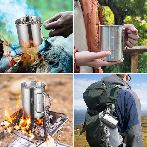 Taza De Camping De Acero Inoxidable Con Tapa Y Asas Plegable