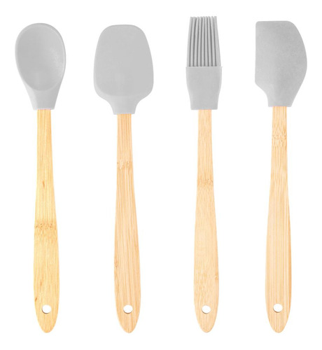 4 Utensílios Lyor Cinza De Silicone Com Cabo Em Bambu