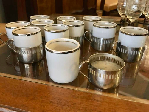 Tazas De Café Porcelana Con Montura De Metal Antiguas Doce (Usado)
