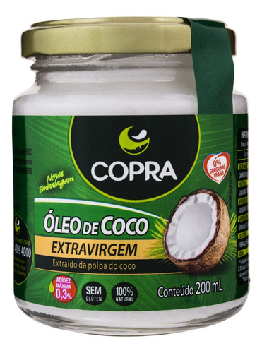 Óleo óleo de coco extra virgem Copra vidro sem glúten 200 ml