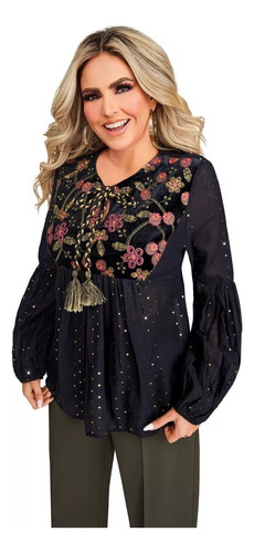 Blusa Negro Con Bordado De Flores En Terciopelo 965-38