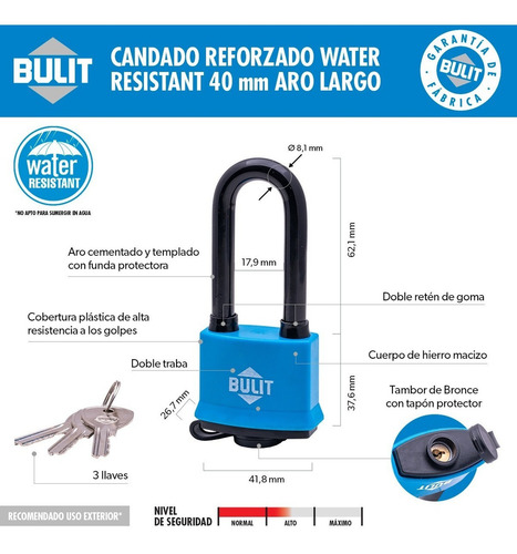 Candado Bulit Doble Traba Resistente Al Agua - Aro Largo 40