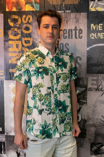 Camisa De Botão Estampada 100% Viscose Verde E Branco(22002)