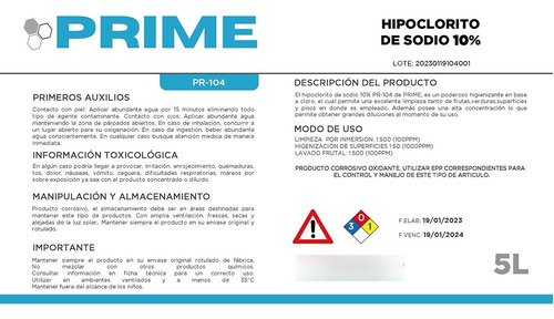 Imagen 2 de 2 de Hipoclorito De Sodio (cloro) 10% Prime 5 Lts.