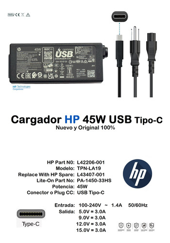Cargador Hp Usb Tipo-c De 45w | Pavilion, Probook, Elitebook Negro