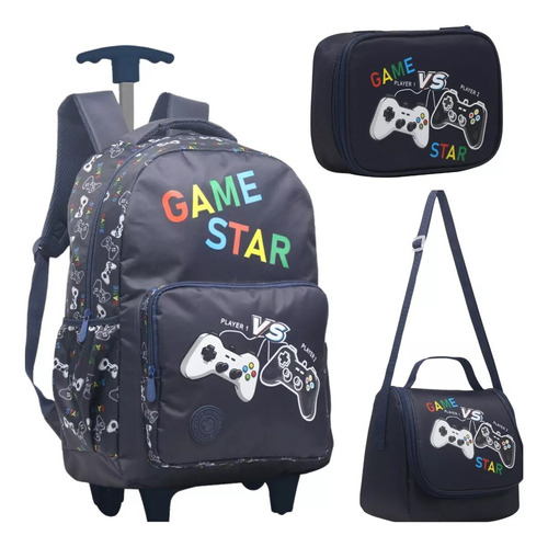 Kit Mochila Escolar Rodinha Junvenil Meninos Game Star Play