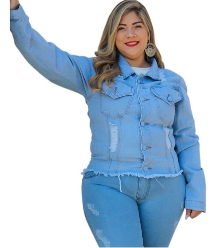 Jaqueta Jeans Feminino Plus Size Detalhe Rasgado Grande