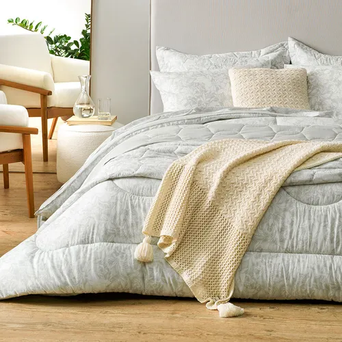 Acolchado Karsten Queen Reversible Algodón 160 H Color Gris Flores Diseño De La Tela Aisha