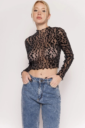 Top De Tul Animal Print Transparencia Con Lurex Manga Larga