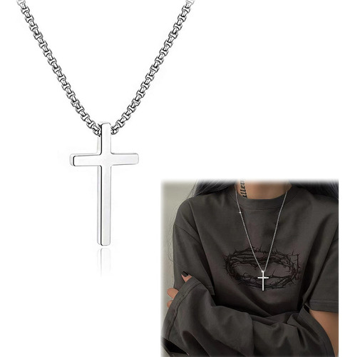 Colar Masculino Feminino Corrente Titânio Aço Crucifixo Cruz Cor Prateado