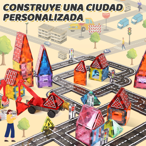 Bloques Magnéticos Juguetes Construcción para Comunitaria Ciudad, 42 Pzs 3D Juego de Imanes con Grúa Extensible, Coche, Semáforo, Stem Bloques Educativos Regalo de Navidad Niños Niñas 3+