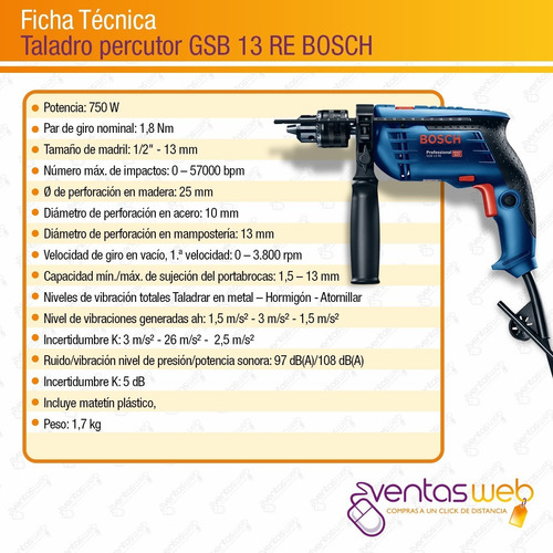 Imagen 6 de 7 de Taladro Percutor Bosch 750w 3800rpm 13mm Maletin Heavy Duty