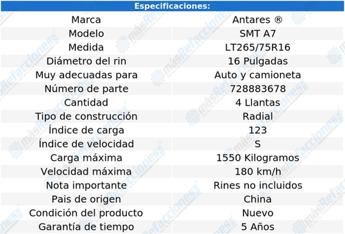 Kit De 4 Llantas Lt265/75r16 123s Antares Smt A7