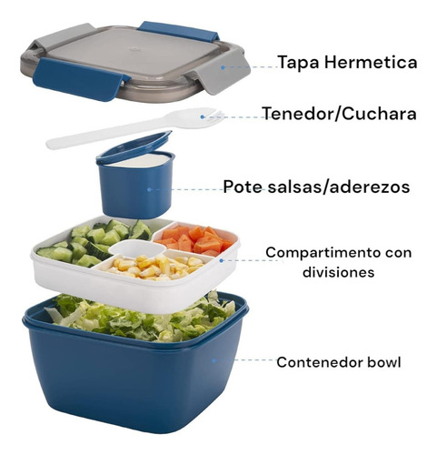 Taper Hermetico Lunchera Libre Bpa Cubiertos 1100ml Azul