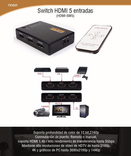 Switch Hdmi 5 Entradas Selector Divisor Noga +control Remoto