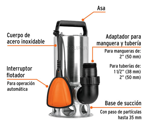 2 Pzas Bomba Sumergible Acero Inoxidable, Agua Sucia, 1 Hp,