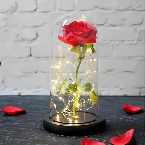 Rosa De Veludo 22cm Com Cúpula E Fio De Led A Bela E A Fera Decoração Presente Dia Dos Namorados