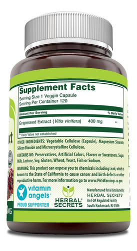 Herbal Secrets Grapeseed Extract 400mg Semilla Uva 120 Cáps Sabor Sin Sabor