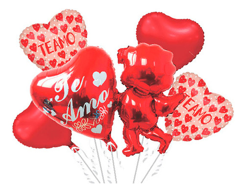 Set 5 Globos Metalizados Temática Te Amo, Cupido, Amor