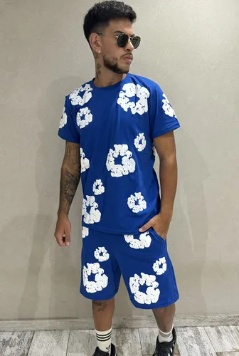 Conjunto Denim Tears Azul Hombre Remera + Bermuda Algodon
