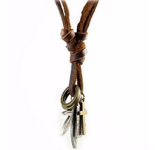 Colar Cordão Folha Vintage Masculino Couro Legítimo