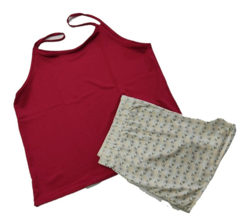 Pijama 2 Piezas Combinada Blusa Roja Pantaloneta Flores