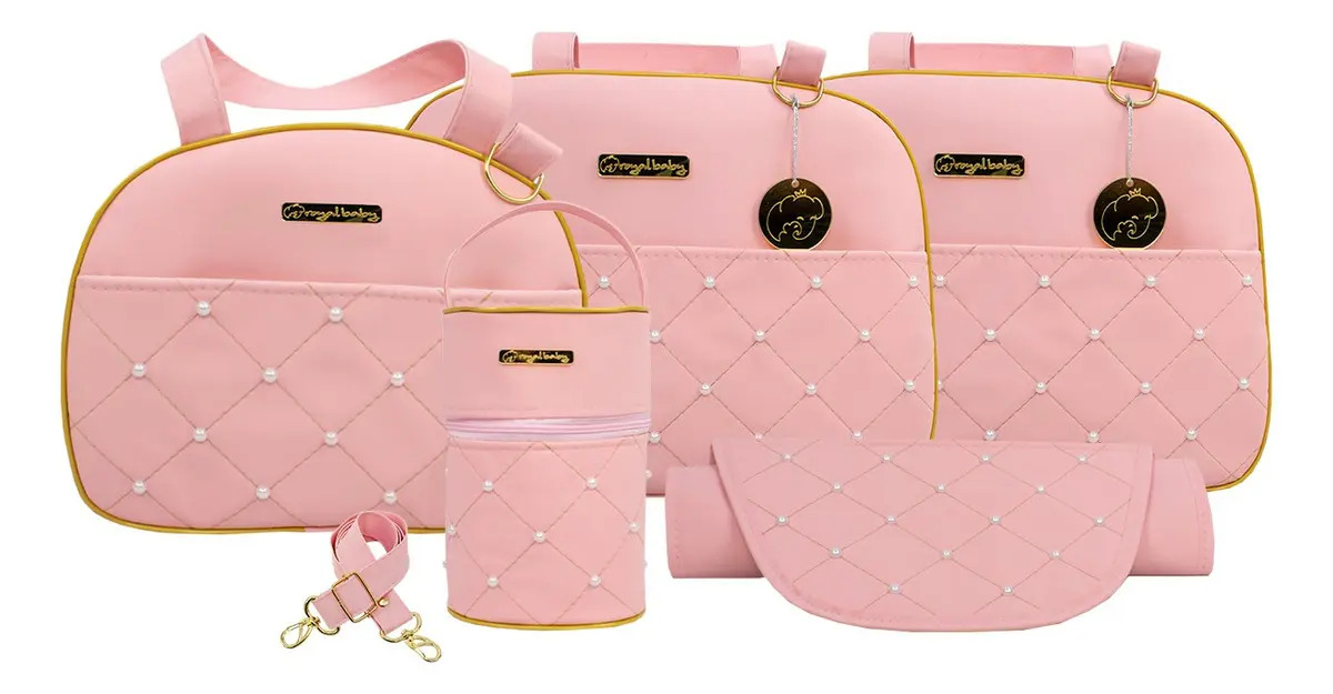 Kit Bolsa Maternidade RoyalBaby Rosa Bolsas e Porta Mamadeira com Trocador