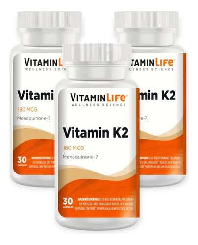 3 Frascos Vitamina K2 180mcg 30 Caps C/u Vitaminlife