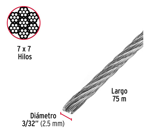 Cable Rígido De Acero 3/32', 7x7, 75 M Fiero