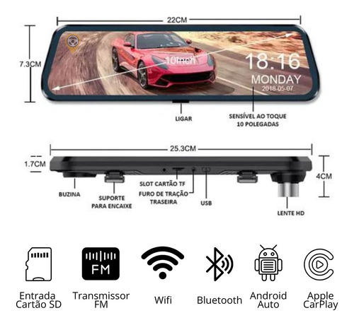 Retrovisor Multimídia Espelhamento Android Ios Kwid