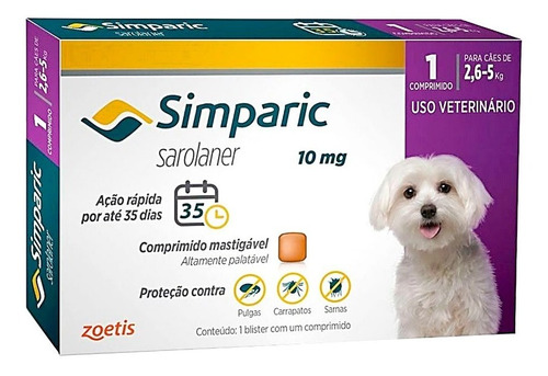 Simparic 10 Mg 2,6 A 5 Kg 1 Comprimido Anti Pulga Carrapato