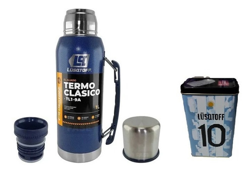 Termo 1 Lt Acero Inoxidable Lusqtoff  Color Azul + Yerbera 