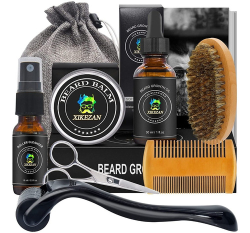 Set Cuidado Barba Bigote Peine Tijera Cepillo Aceite Balsamo